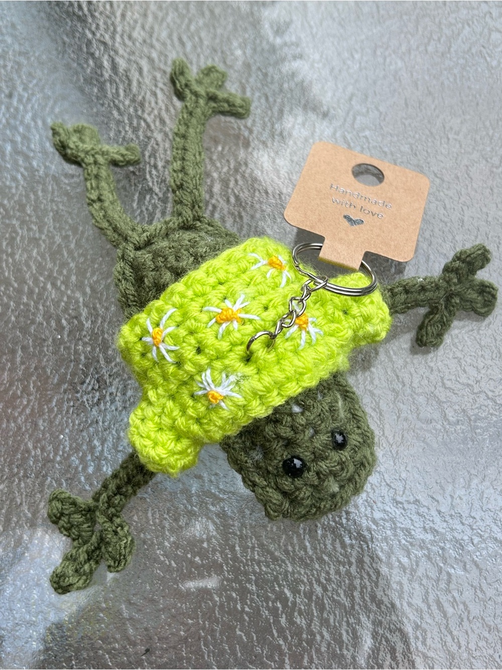 Handmade Green Crochet Frog Keychain with Daisy sweater